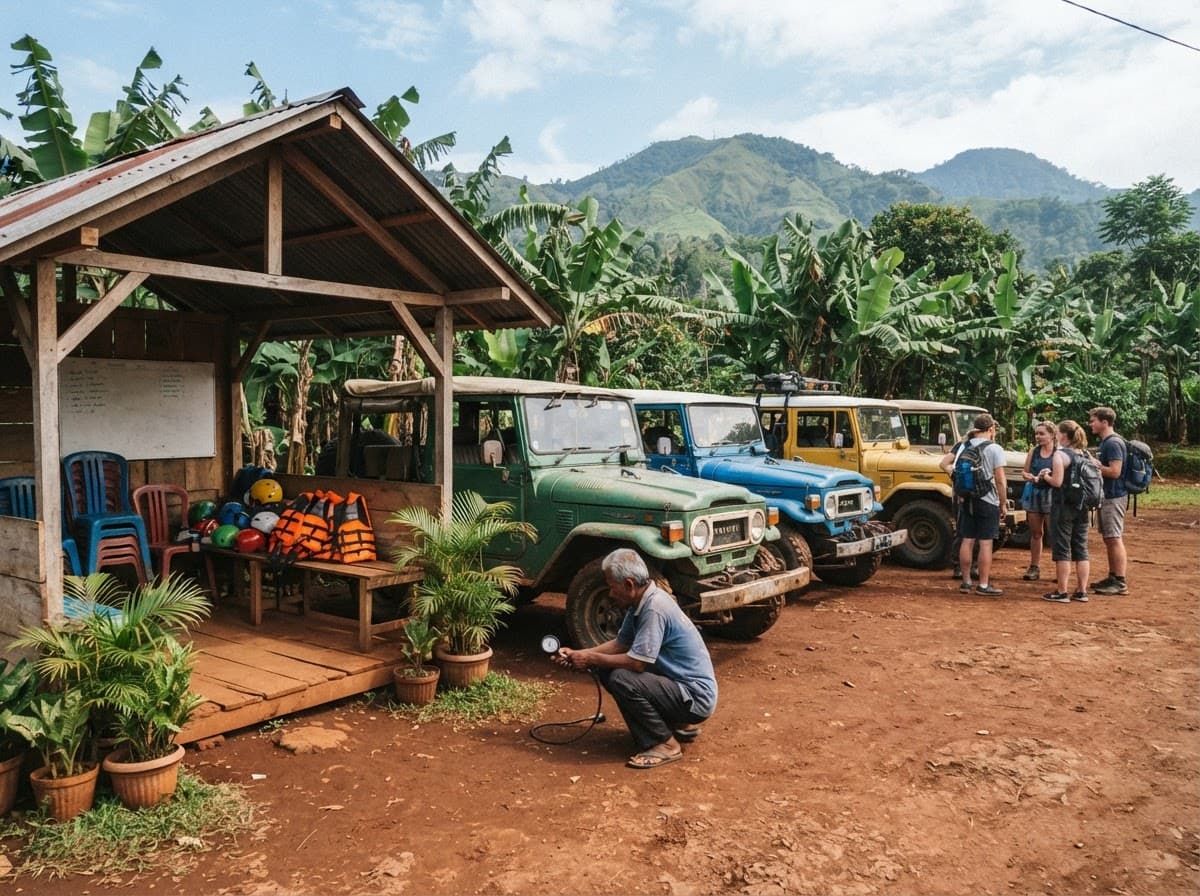 Halaman basecamp dengan Jeep berjajar dan peralatan keselamatan tersusun di bangku