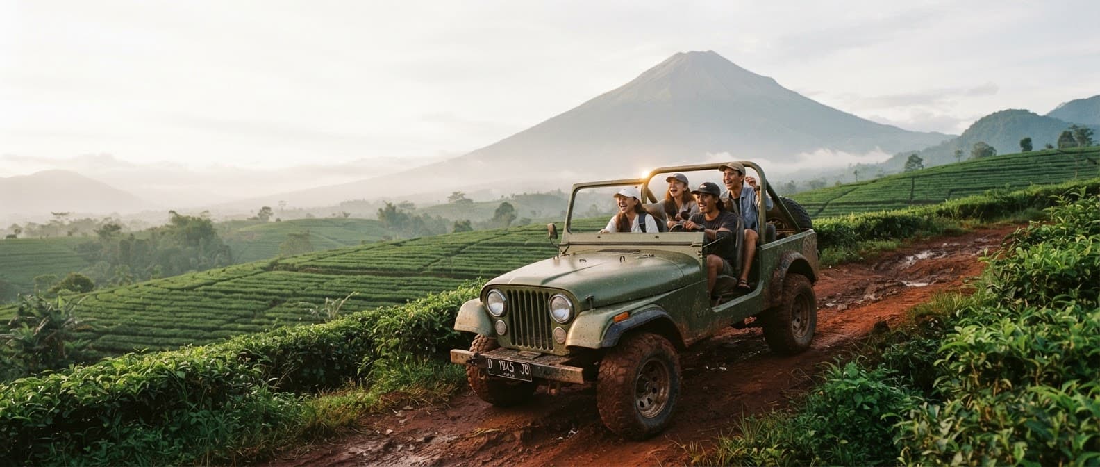 Jeep terbuka menanjak di jalur tanah merah perkebunan teh dengan Gunung Cikuray di belakangnya