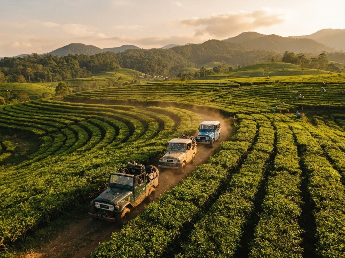 Konvoi Jeep melintas di antara barisan kebun teh Cikajang saat sore