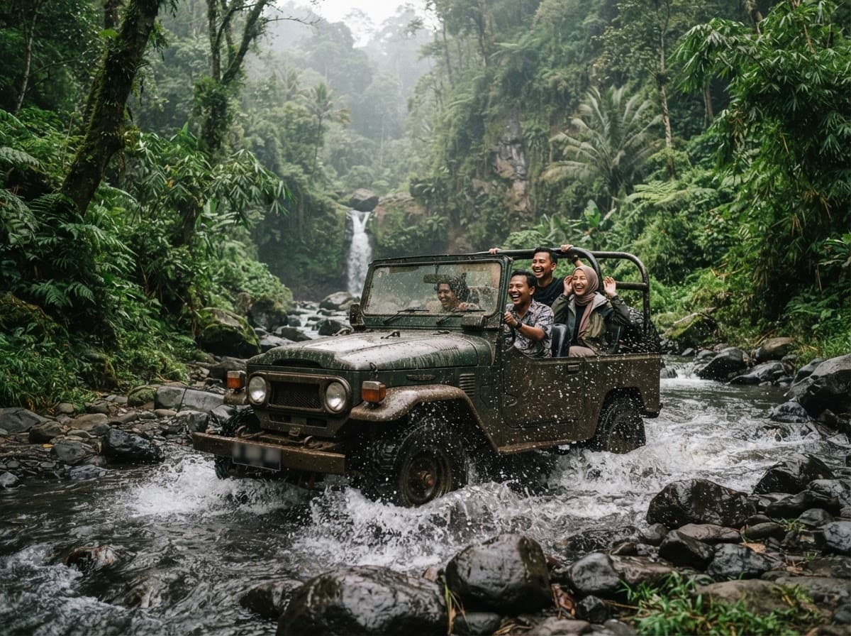 Jeep menyeberangi sungai berbatu di jalur hutan dengan air terjun kecil di belakangnya