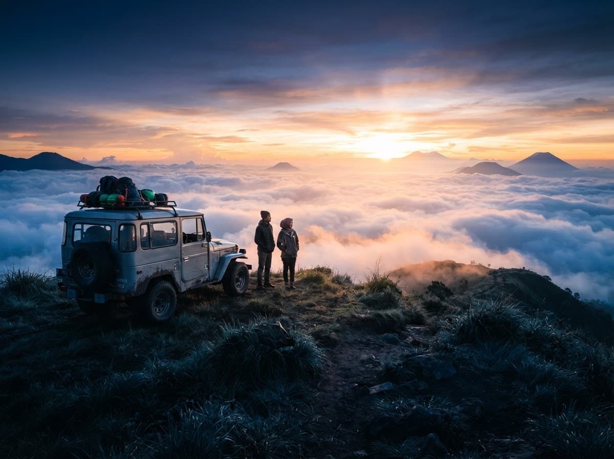 Jeep parkir di punggungan gunung menghadap lautan awan saat matahari terbit