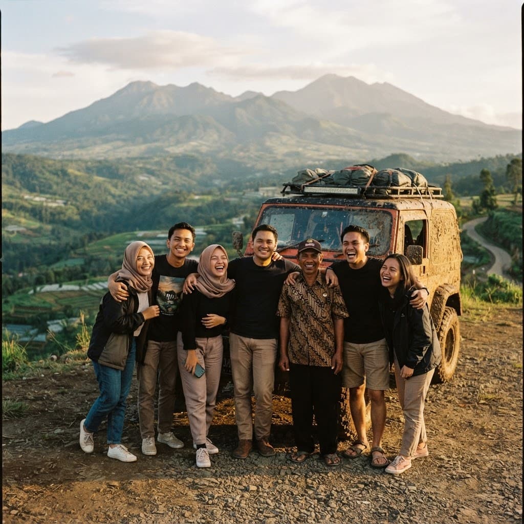 Rombongan enam orang berfoto bersama driver di depan Jeep berlumur lumpur